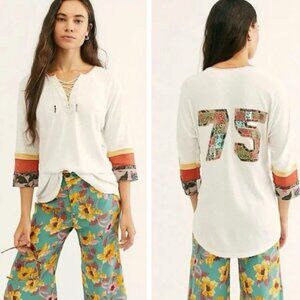 Free People We The Free Blitz Patchwork Tee Lace Up Boho Festival Size Small